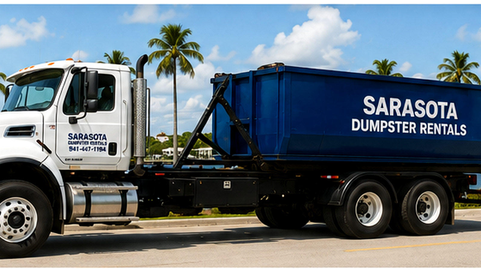 Roll-off dumpster delivery truck in Sarasota Florida